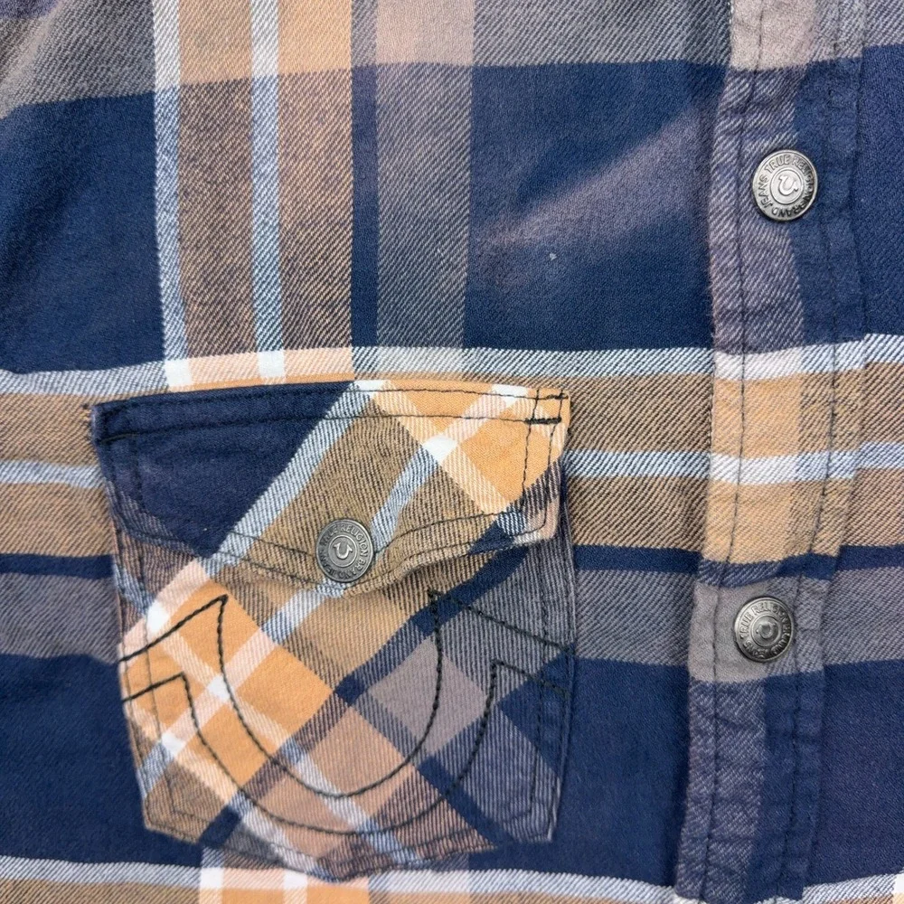 True Religion Shirt Mens Large Blue Tan Plaid Flannel Shacket Logo‎ Flap Pockets